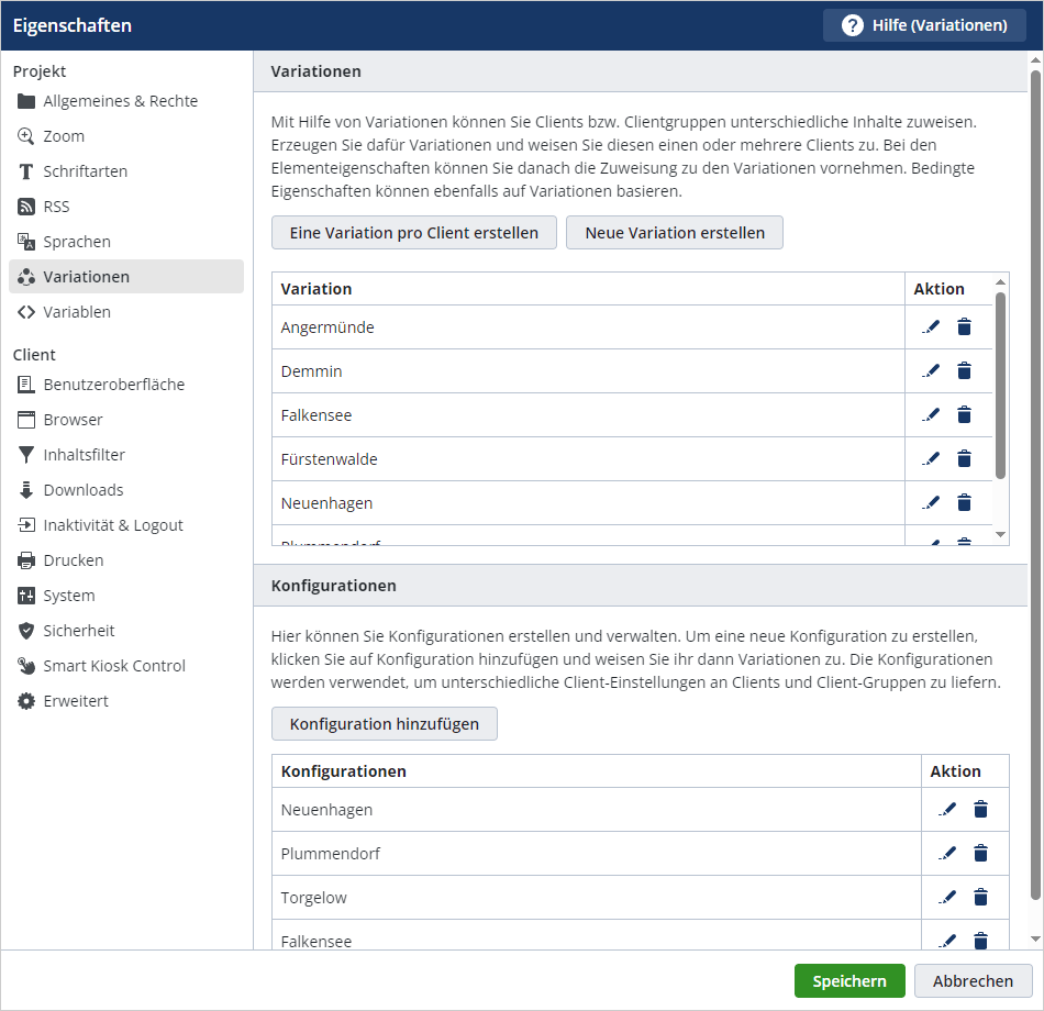 Abbildung 4: Einblick in die Standort-Variationen innerhalb  SiteKiosk Online